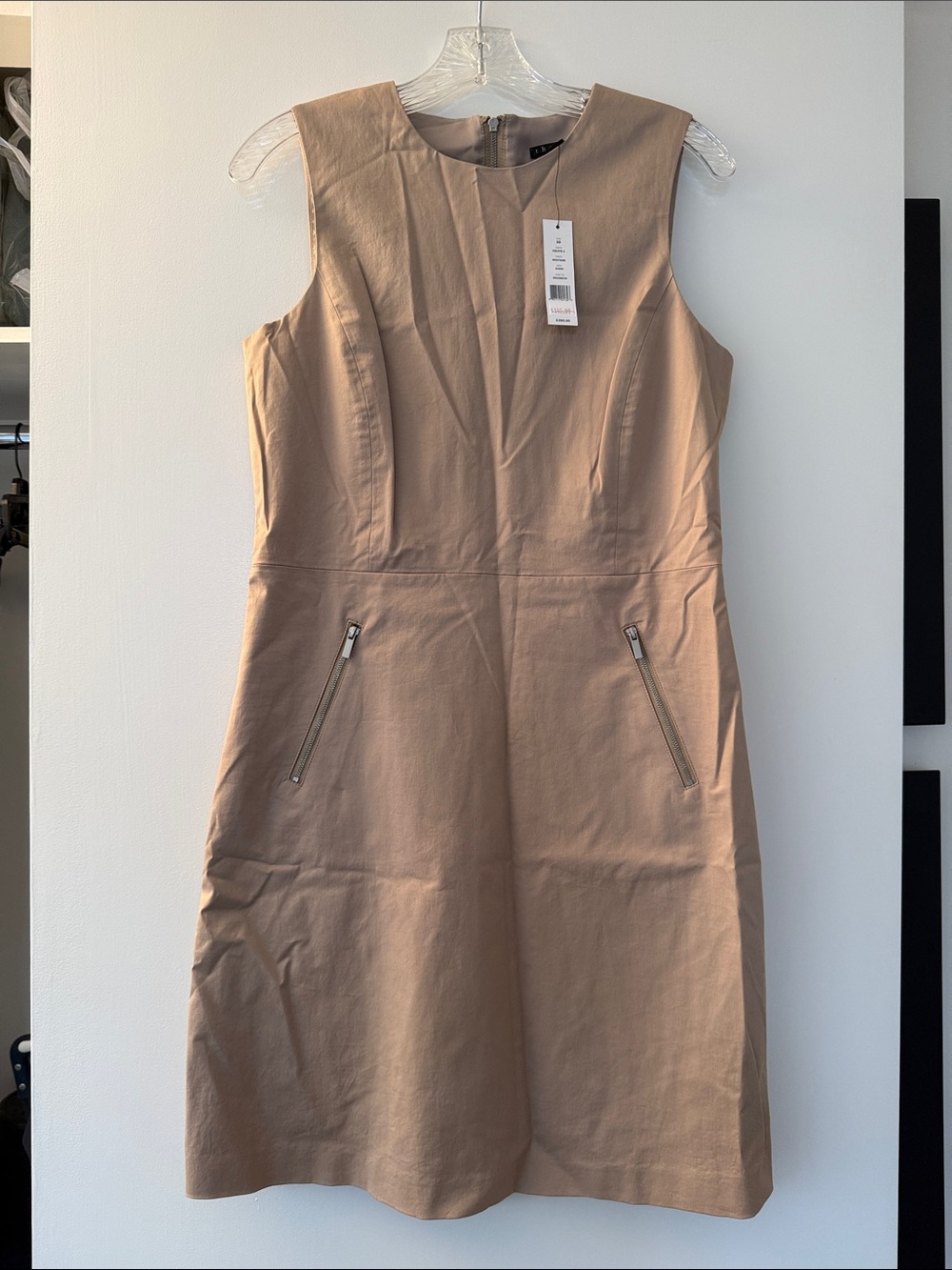 Theory Sleeveless Tan Shift Dress with Zip Pockets - size 10 NWT